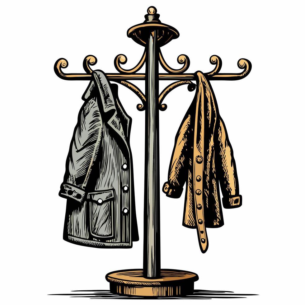 Vintage Coat Rack with Hanging Jackets Illustration Retro Fashion Style vector
