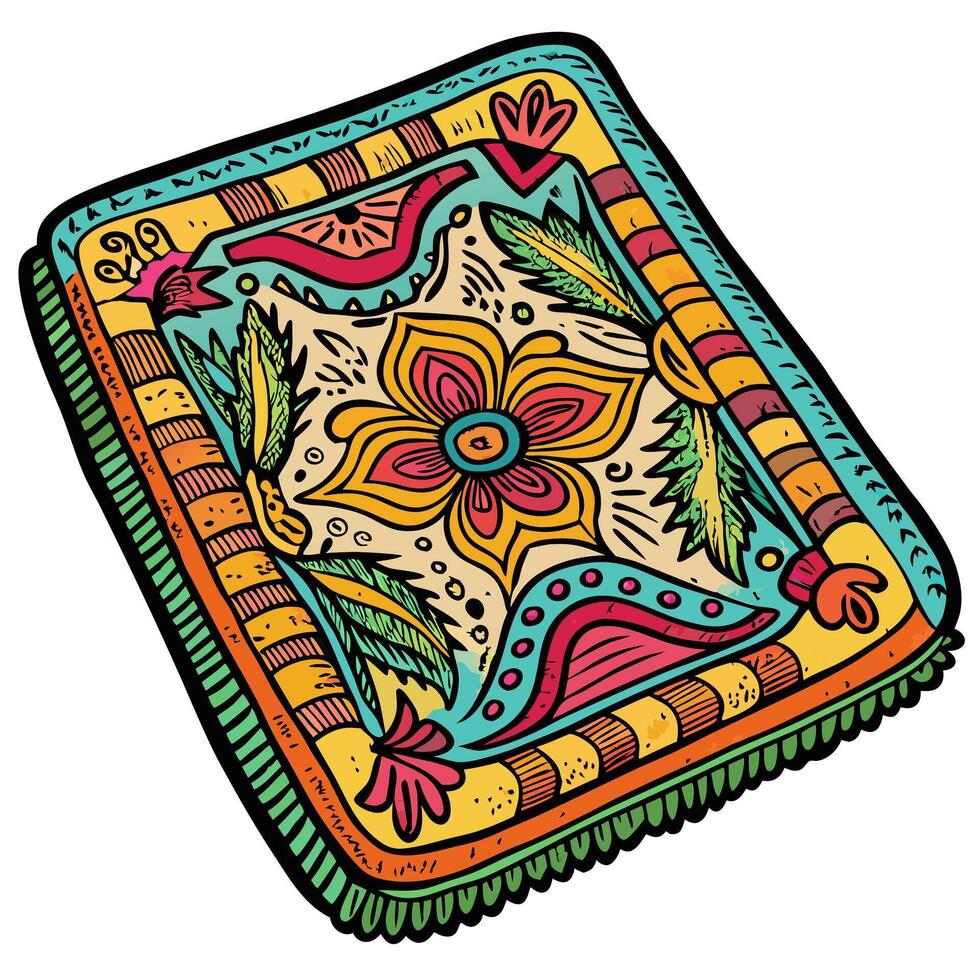 Colorful Bohemian Rug Illustration with Floral and Geometric Patterns vector