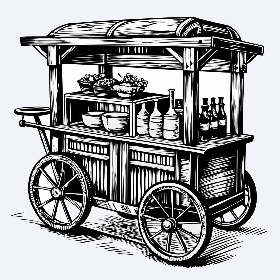 Vintage Market Cart Illustration Rustic Wooden Street Vendor Design vector
