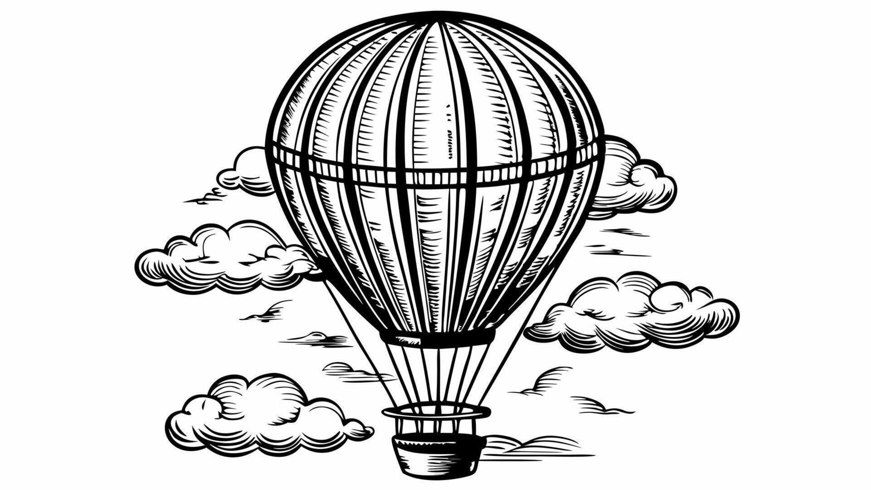 Vintage Hot Air Balloon Illustration with Clouds in Black and White vector