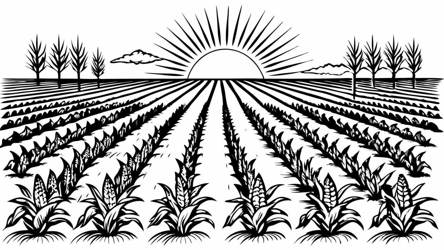 Retro Cornfield Illustration with Sunrise Over Farmland Landscape vector