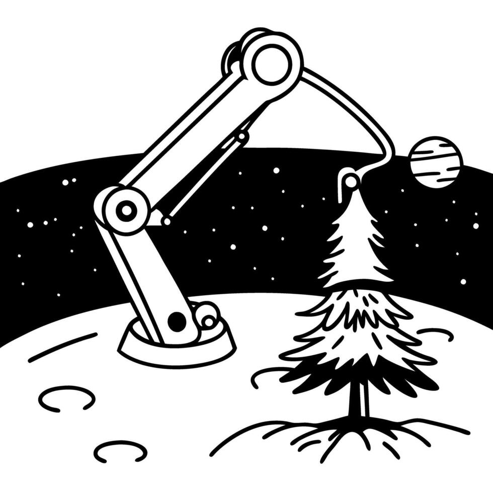 Robotic arm planting a tree on the moon with a planetary backdrop, space exploration concept vector