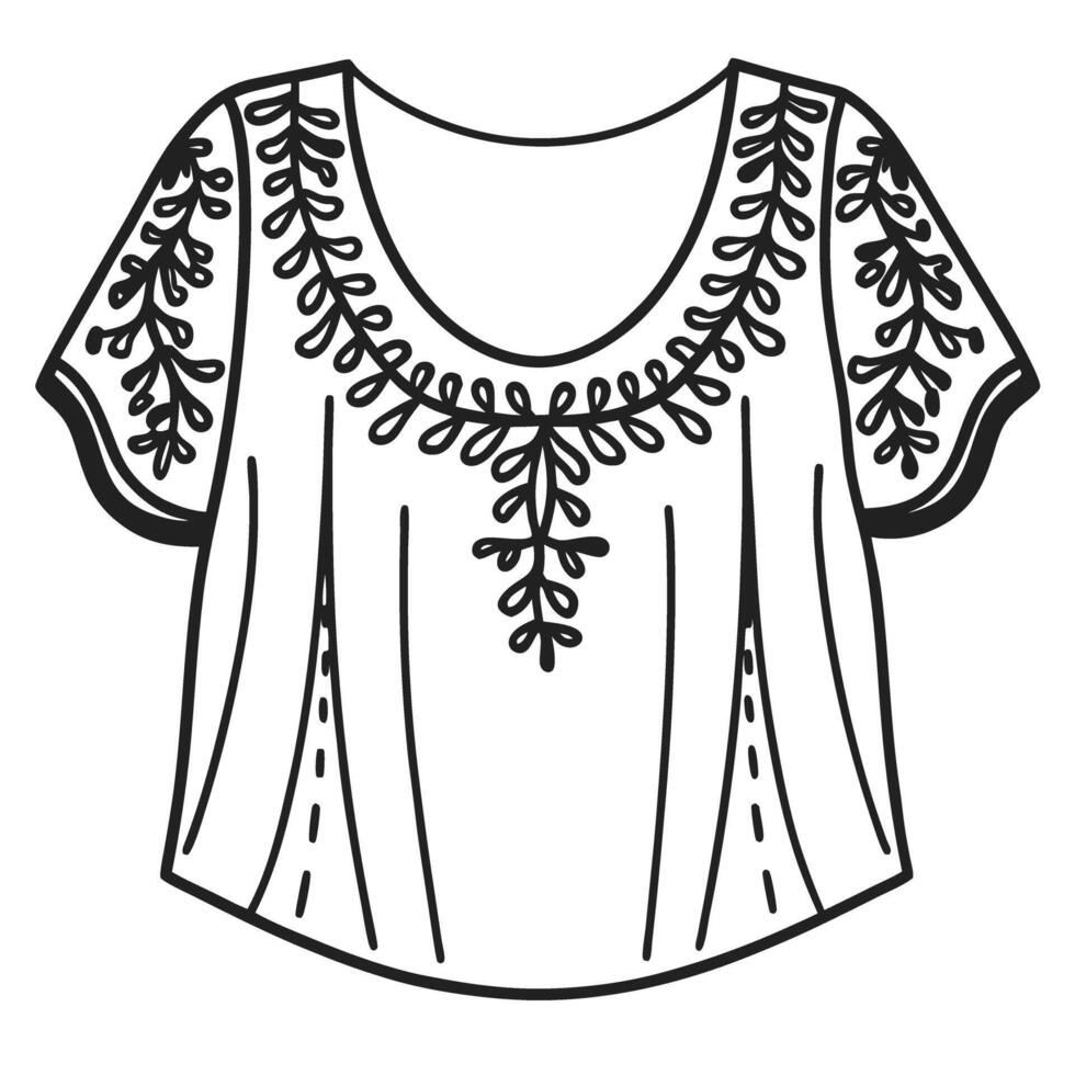 Bohemian blouse design with floral embroidery black and white illustration, ethnic fashion top, short sleeves, decorative pattern vector