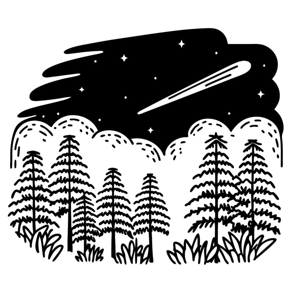 Night sky with shooting star over pine forest in black and white illustration vector