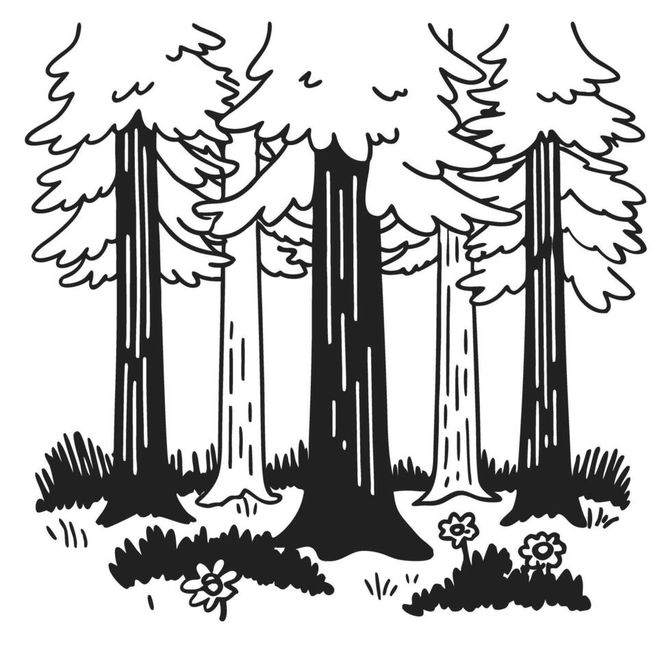 Black and white forest landscape illustration with tall trees and flowers vector