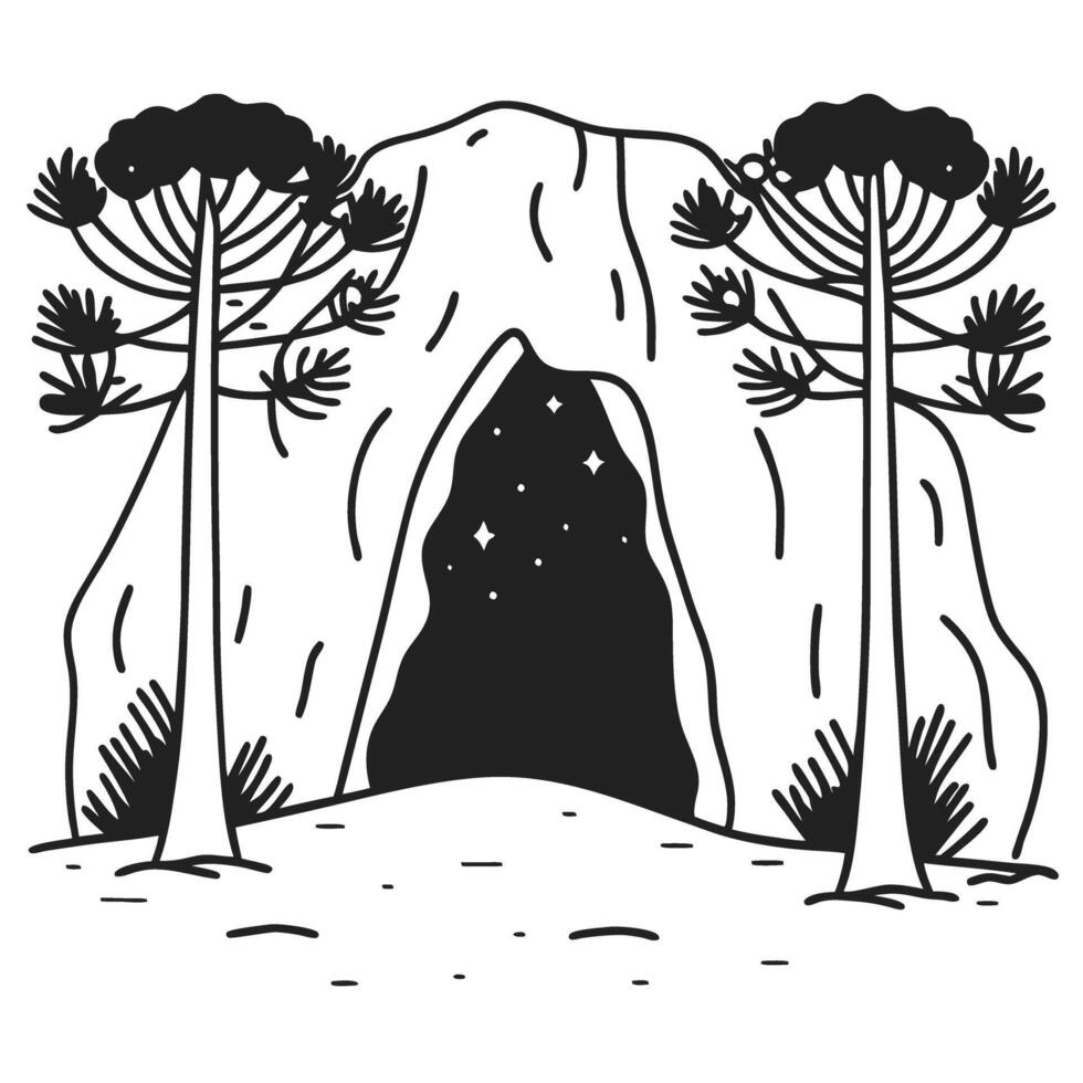 Mystical cave entrance with trees and starry sky, enchanted forest illustration vector