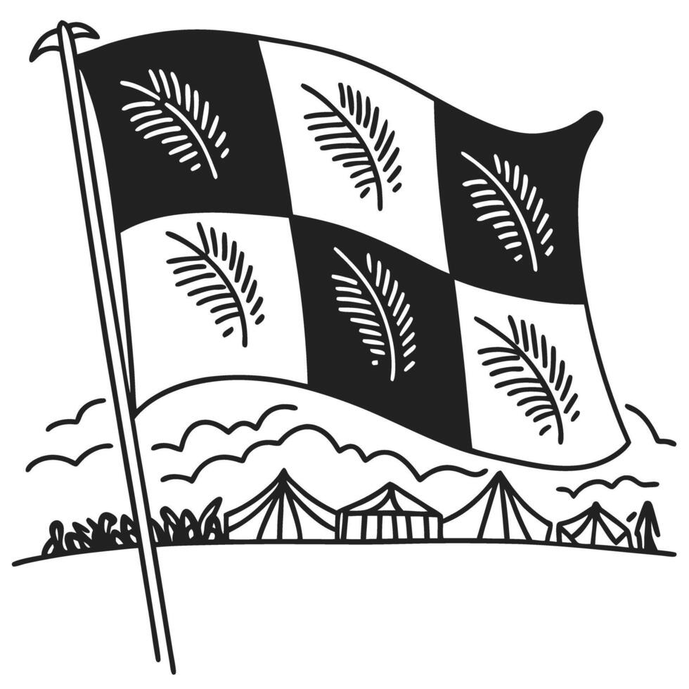 Checkered flag with feather design, festival tents, and clouds vector