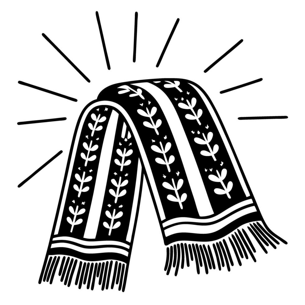 decorative patterned scarf with floral design and fringe black and white illustration, textile style, elegance, fashion accessory vector