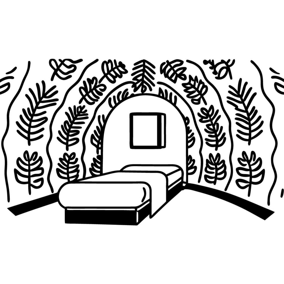 cozy minimalist room with bed and leaf pattern wall art modern interior design illustration vector