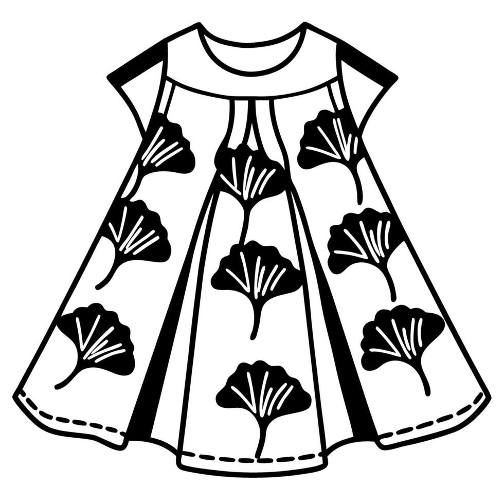 Elegant dress with leaf pattern illustration, black and white fashion design vector