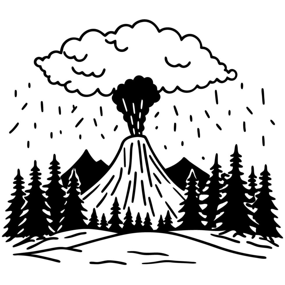 Erupting volcano with ash cloud in mountain forest landscape, black and white illustration vector