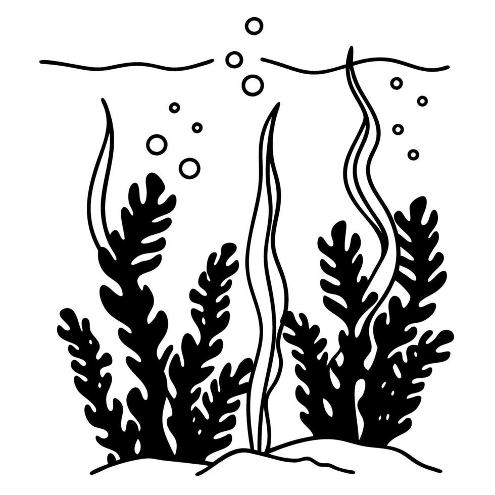 Underwater seaweed illustration black and white ocean plant design, marine life silhouette vector
