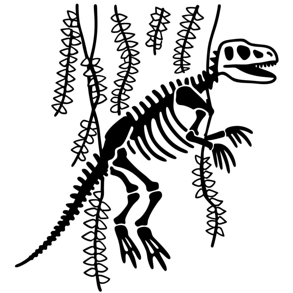 Dinosaur skeleton silhouette with prehistoric plants, black and white illustration of extinct reptile bones vector
