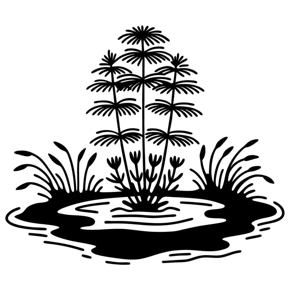 tropical marsh plant silhouette with water reflections aquatic nature in simple black and white art vector
