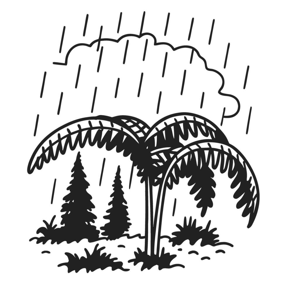 Palm trees in rain tropical storm with cloud downpour black and white illustration of nature's elements vector