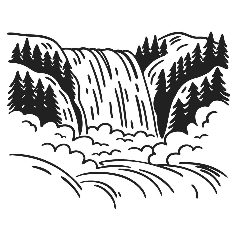 Illustrated waterfall in pine forest black and white nature scene in hand drawn vector