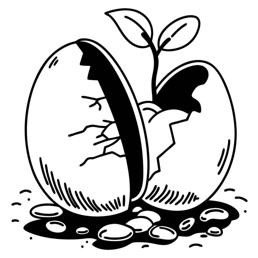 sprouting seedling emerging from cracked egg, symbolizing growth and new beginnings black and white illustration vector