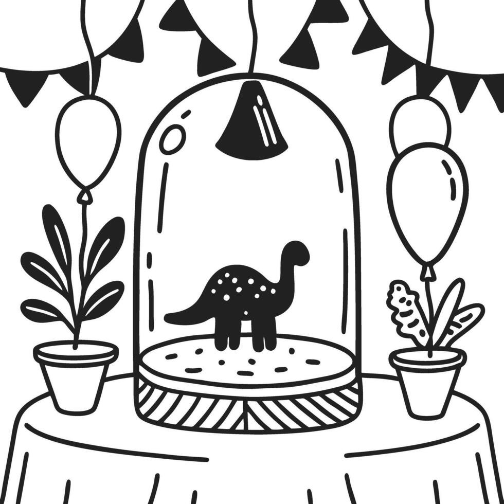 dinosaur exhibit party indoor table with toy dinosaur in glass dome balloons and plants decoration vector