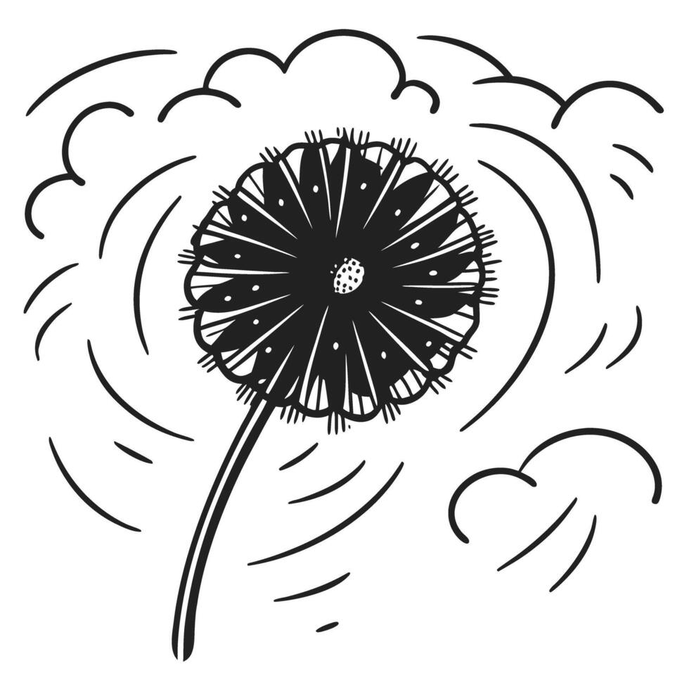 stylized dandelion with swirling petals in the wind whimsical black and white nature illustration vector
