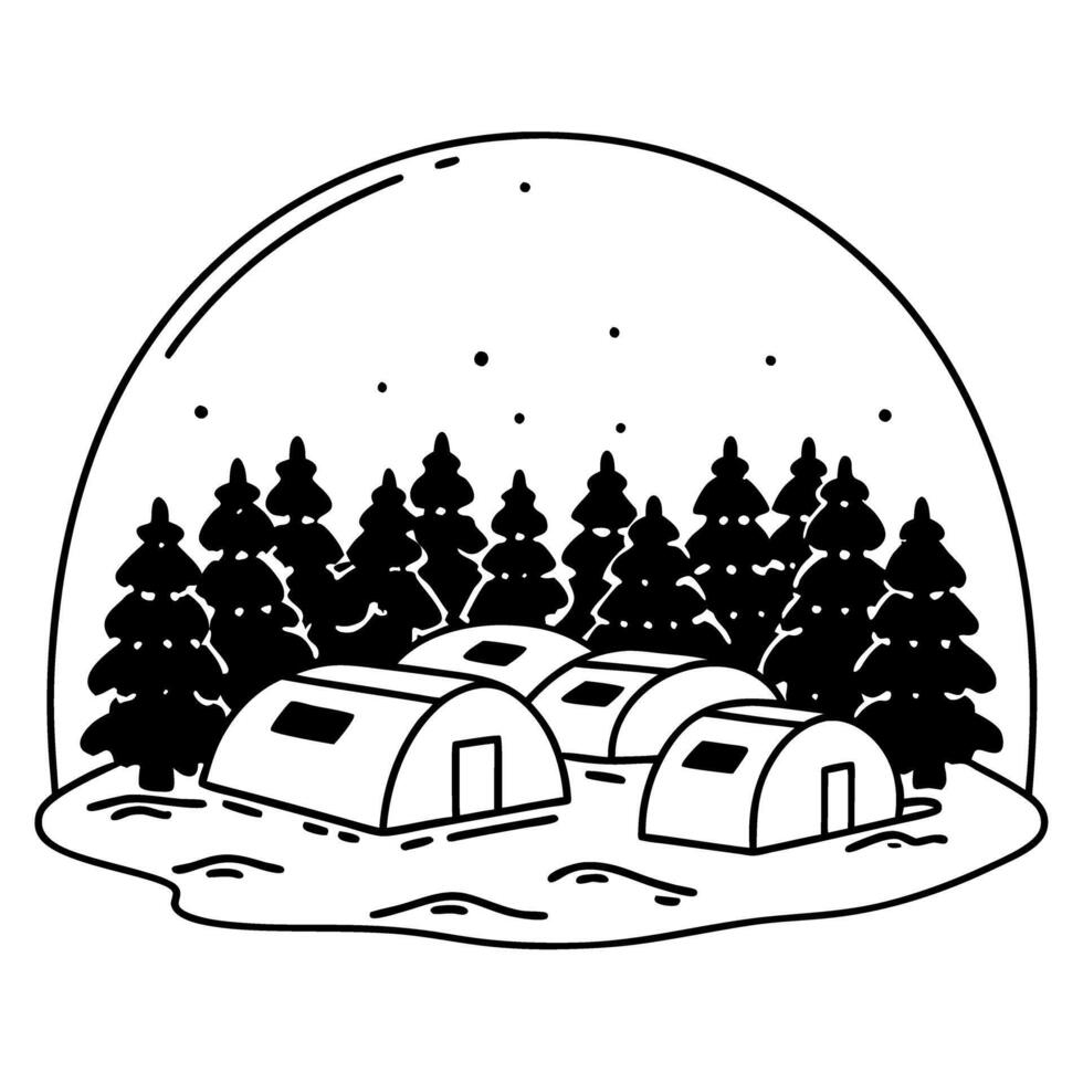 winter snow globe with pine trees and cabins black and white illustration of snowy forest scene vector