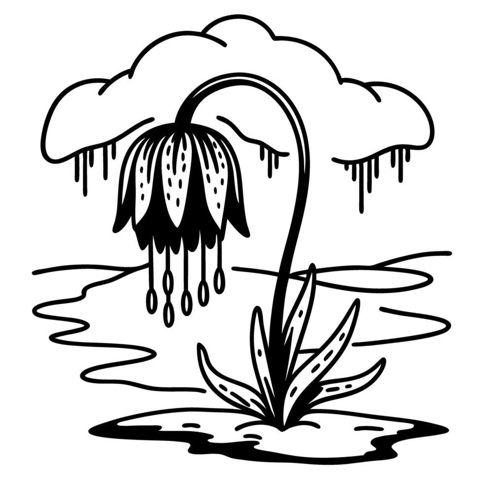 wilted flower under drippy cloud black and white illustration of rainy gloomy scene vector