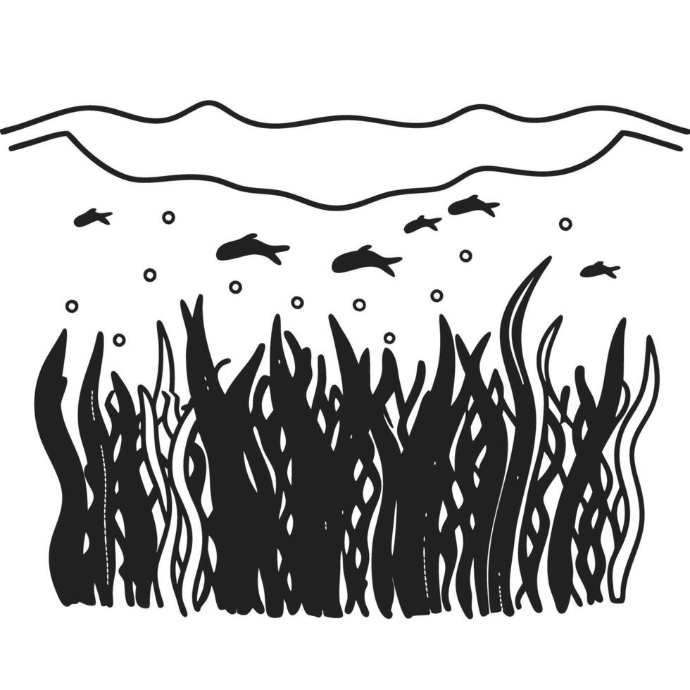 Marine life and underwater plants fish swimming above ocean seaweed in aquatic ecosystem illustration vector