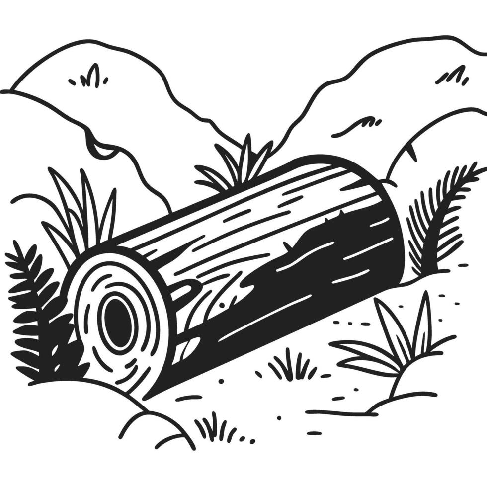 illustration of a wooden log in a forest environment with plants and rocks in a simple line art vector