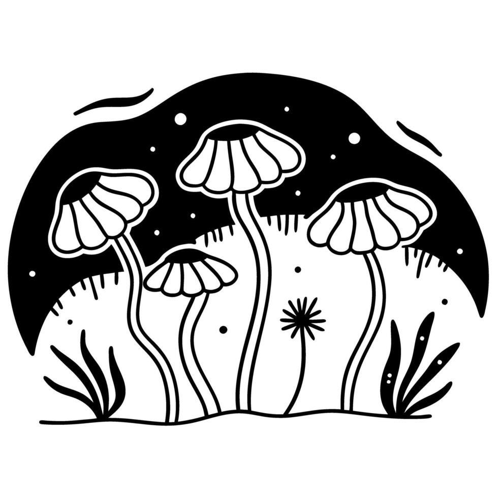 Illustration of stylized mushrooms under starry night sky with foliage vector