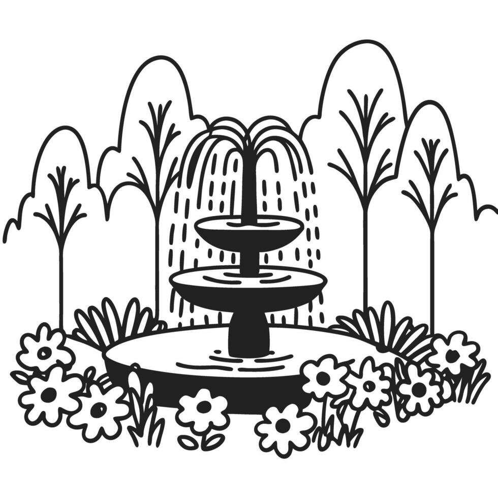Decorative fountain amidst garden with lush trees and blooming flowers, peaceful outdoor scenery vector