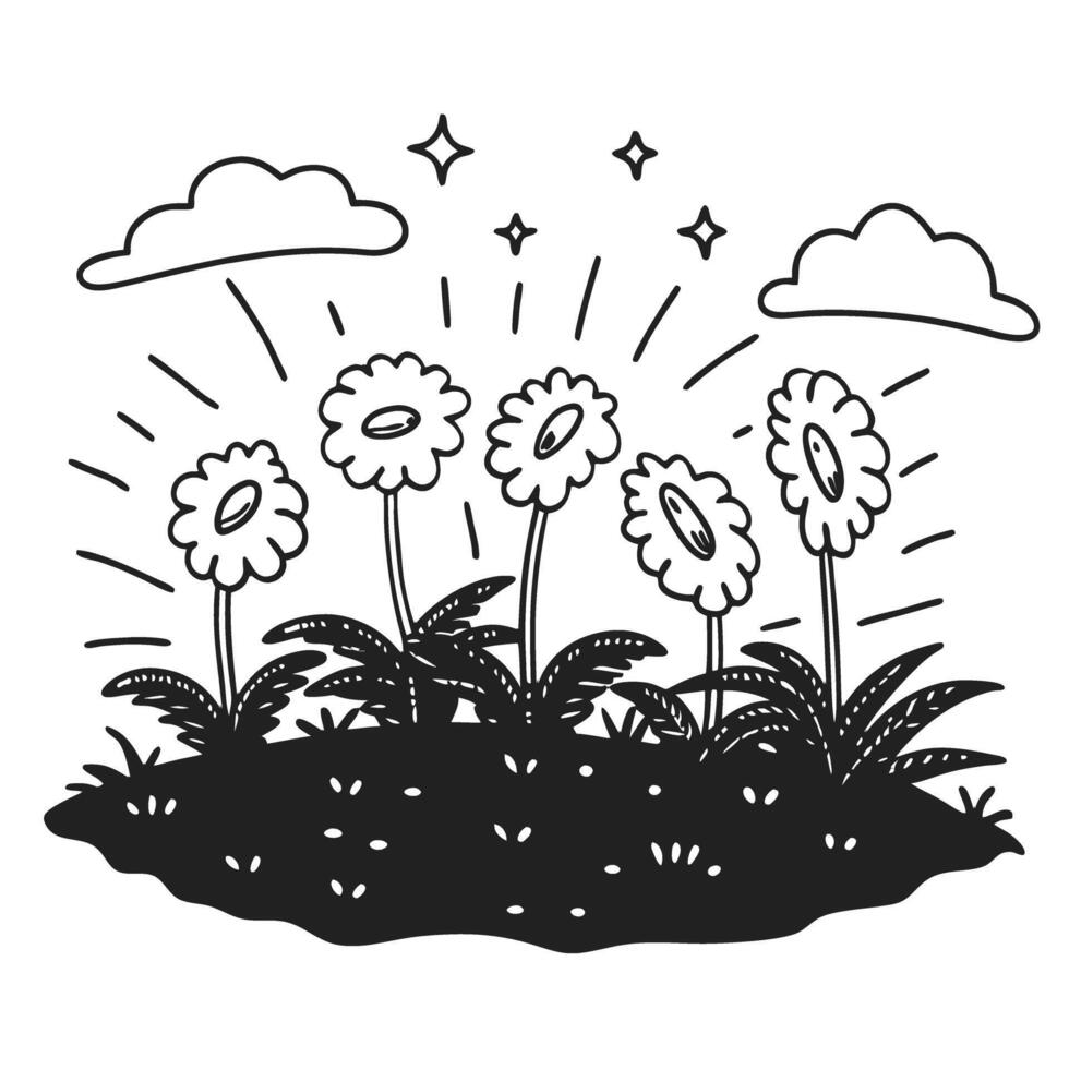 Whimsical garden scene with blooming daisies and clouds, hand drawn nature illustration vector