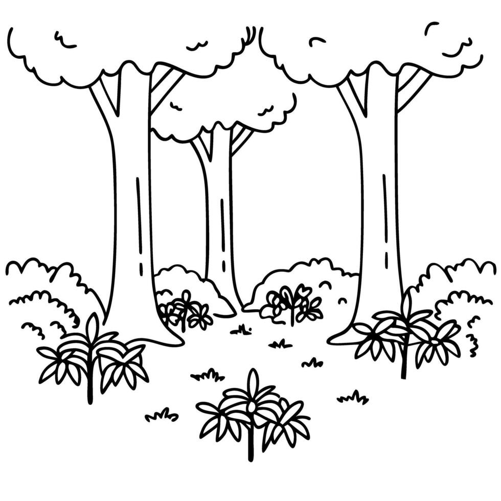 Black and white forest illustration with trees and foliage vector