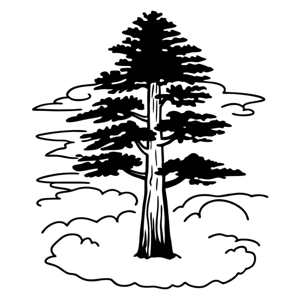 majestic cedar tree illustration bold black and white ink drawing with cloud background, nature concept vector
