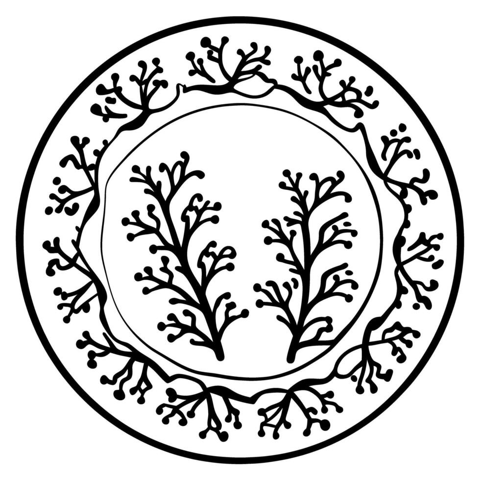 Circular botanical motif design with intricate branches and leaves mandala art with natural, organic elements in monochrome vector