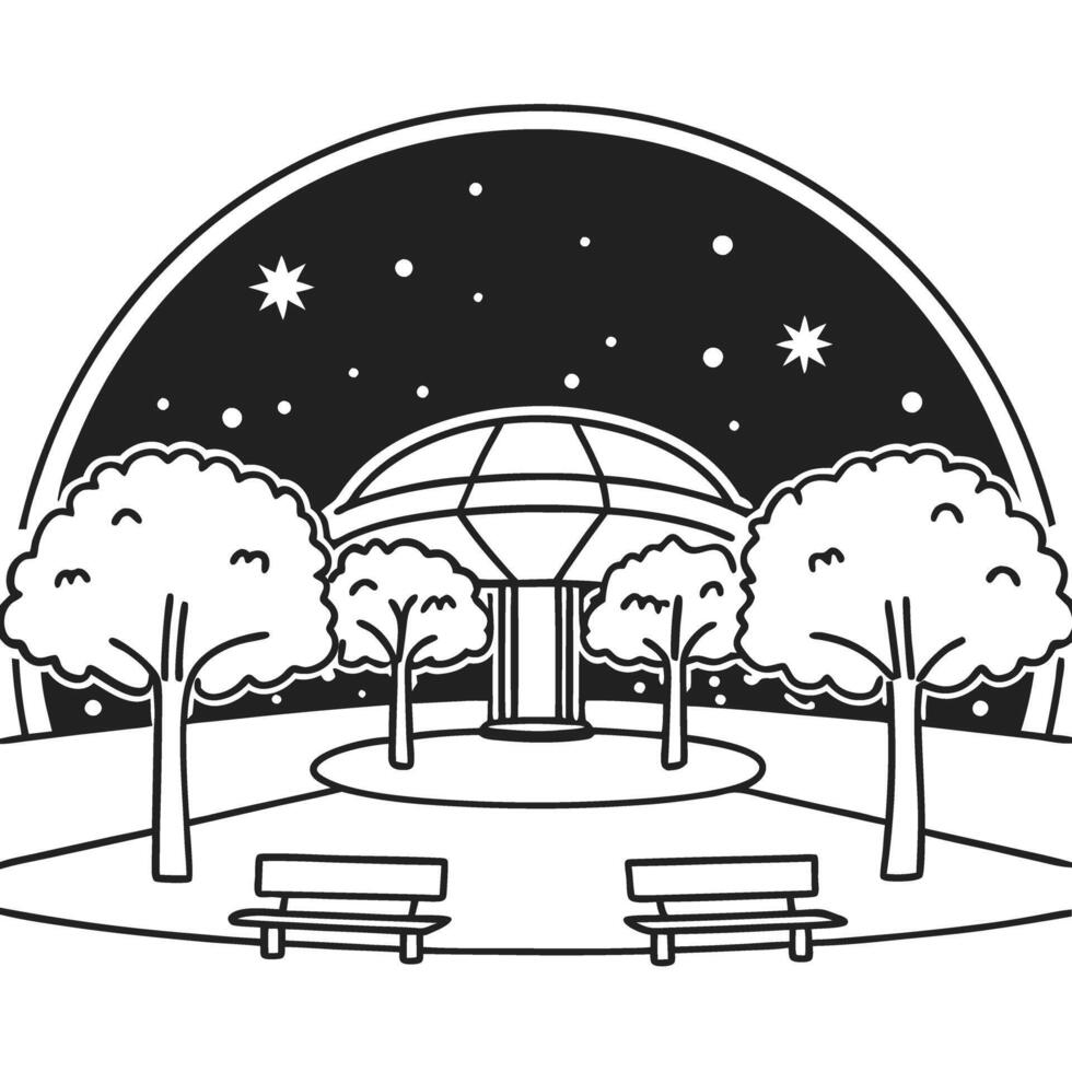 Night park with trees, benches, and futuristic dome under starry sky black and white line art illustration vector