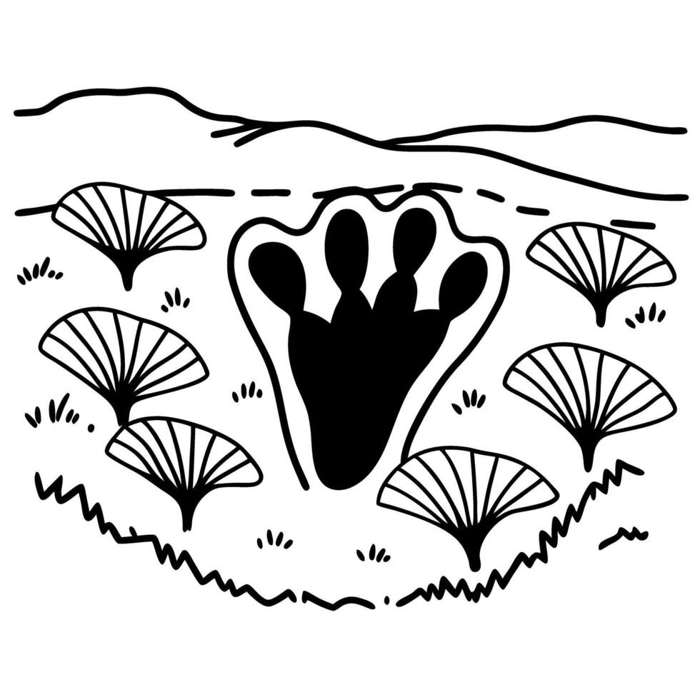 Dinosaur footprint among prehistoric plants in ancient landscape outline vector