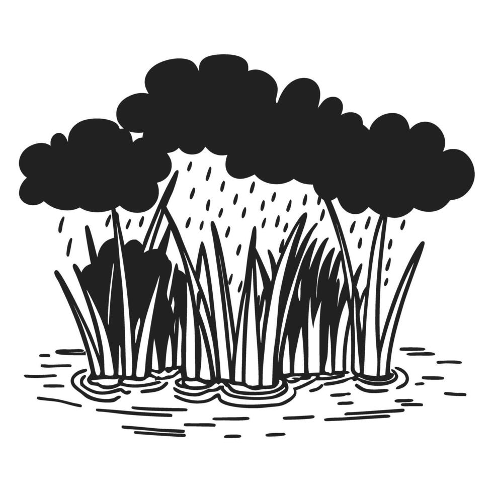Rainy day nature illustration grass and bushes in downpour hand drawn sketch vector