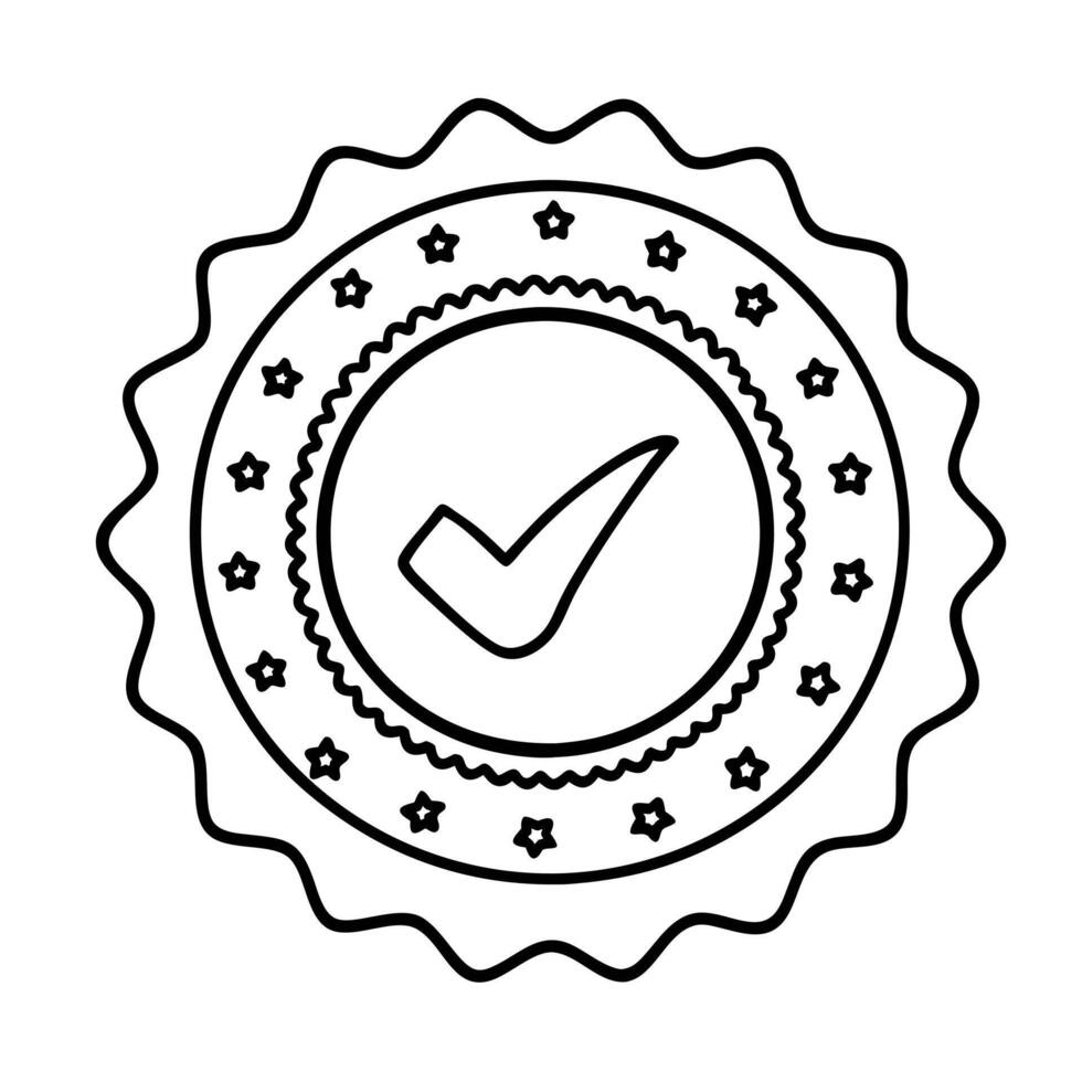Checkmark Badge Icon with Stars in Outline Style for Approval and Certification vector