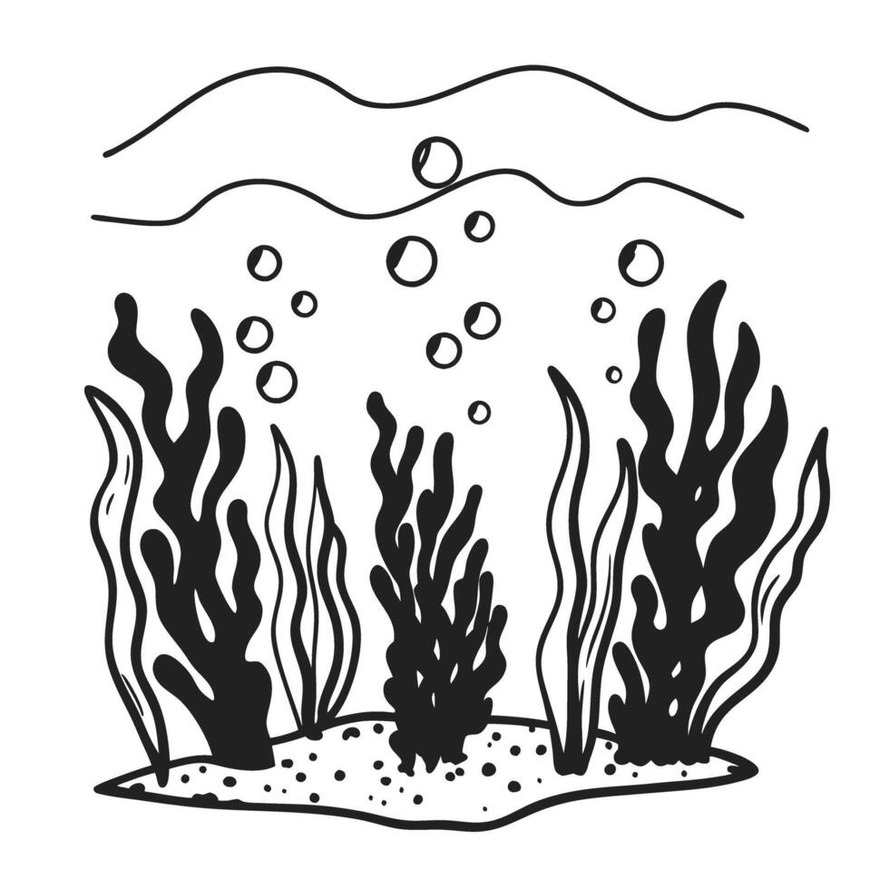 Underwater scene with seaweed and bubbles in simple line art vector