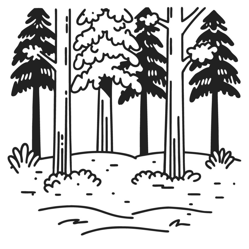 Black and white forest landscape illustration with trees and shrubs vector