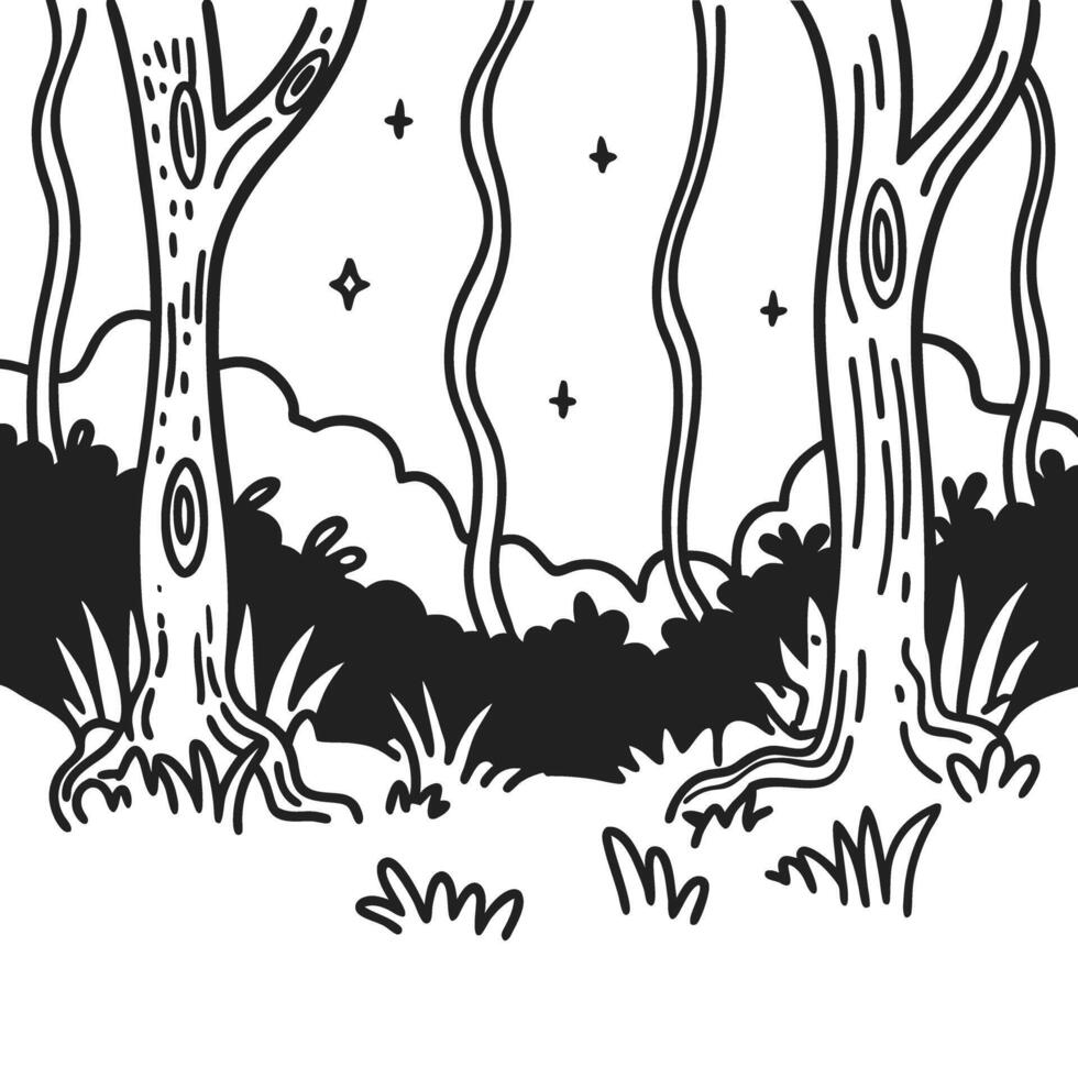 Illustrated forest scene with trees, stars, and grassy landscape mystical nighttime nature in black and white vector