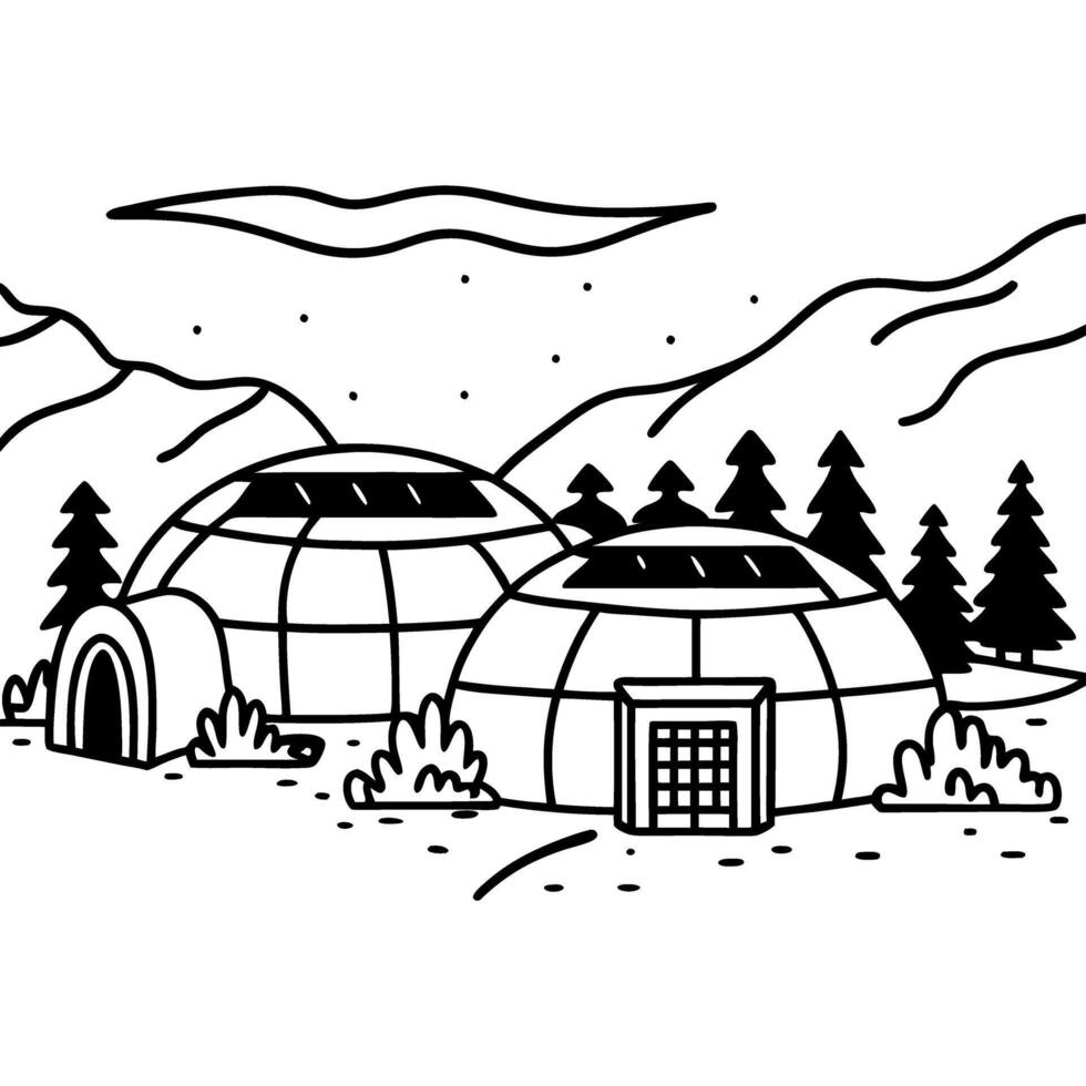 Igloos under starry sky in mountain landscape black and white minimalist illustration vector