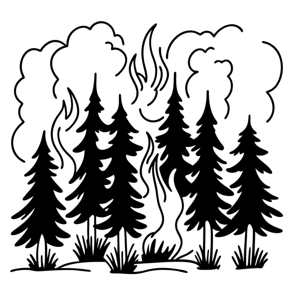 Black and white forest with evergreen trees and flames vector