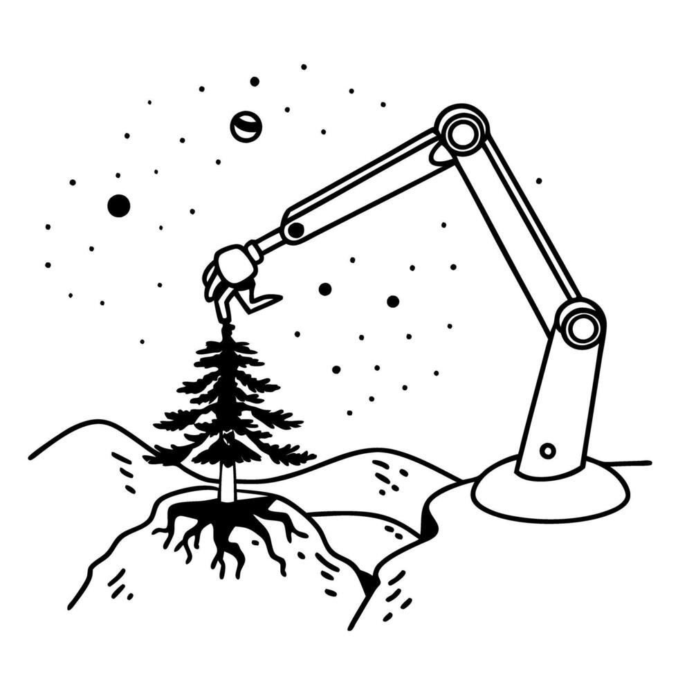 Robotic arm planting tree space exploration and environmental technology, futuristic ecological innovation vector