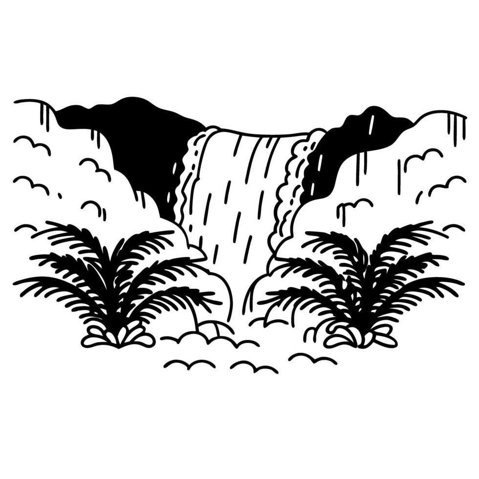 Scenic waterfall with tropical foliage in monochrome line art illustration vector