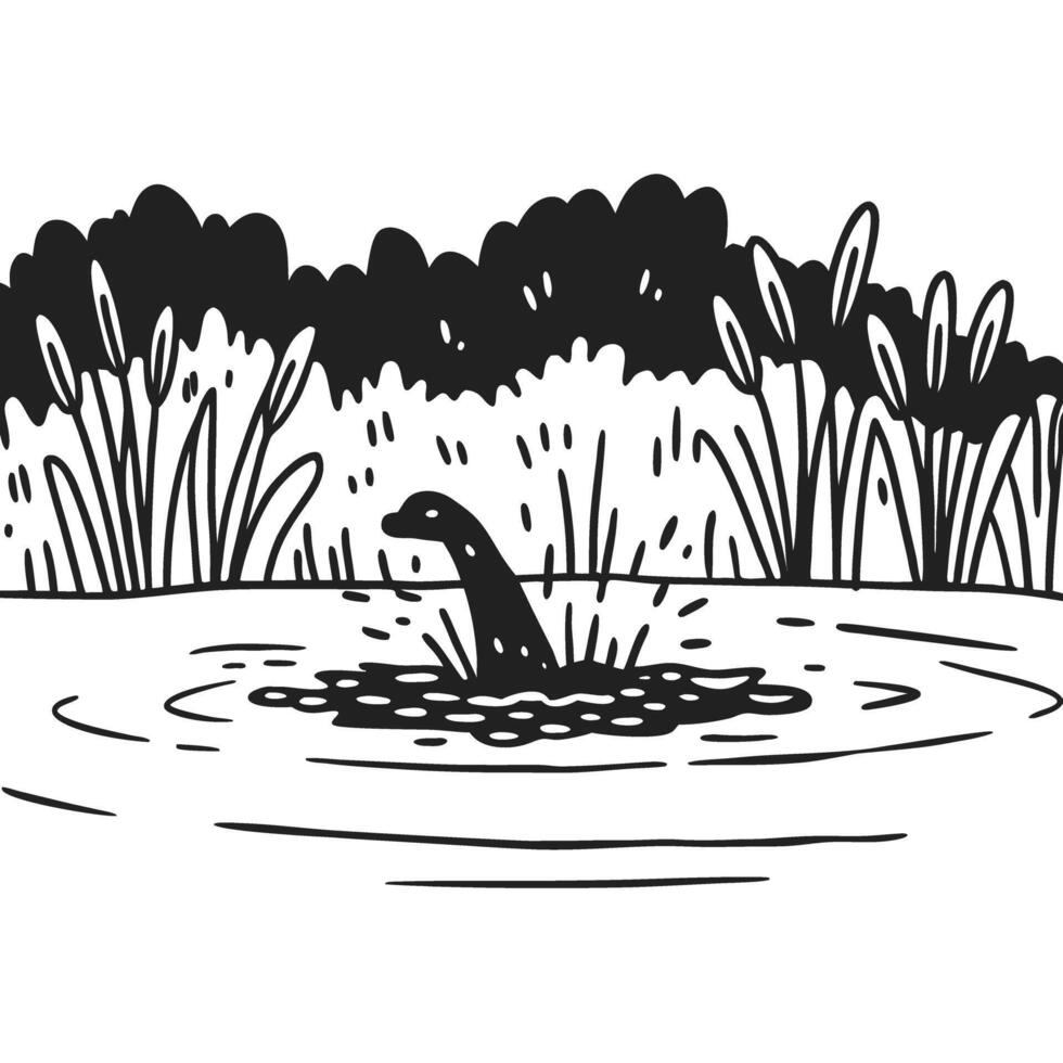 Mysterious creature emerges from lake, ripples in calm water, black and white illustration vector