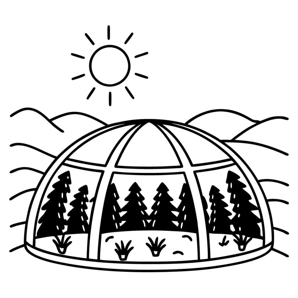 Geodesic dome greenhouse in nature, trees, and mountains under sun eco friendly architecture illustration vector