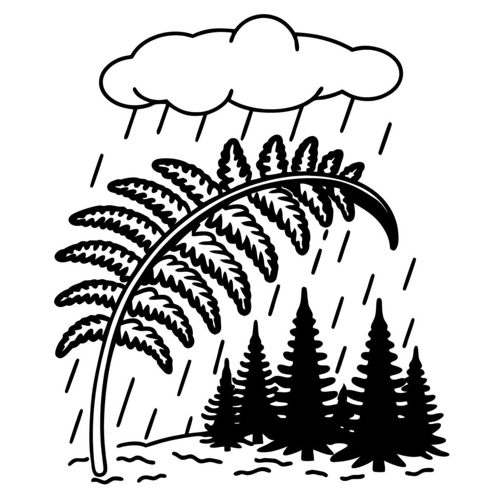 Fern leaf sheltering forest in rainstorm dramatic nature scene with rain clouds and evergreen trees vector