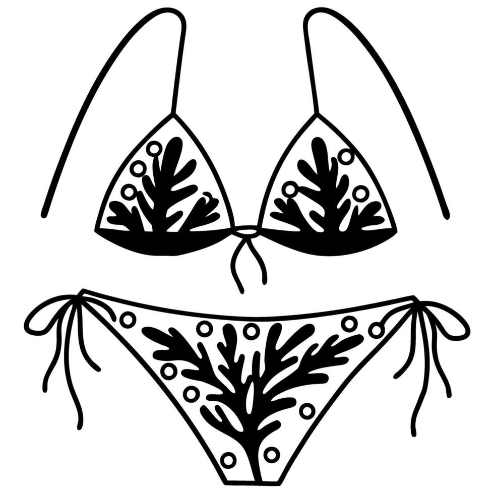 stylish bikini with nature inspired patterns black and white design, summer swimwear fashion illustration vector