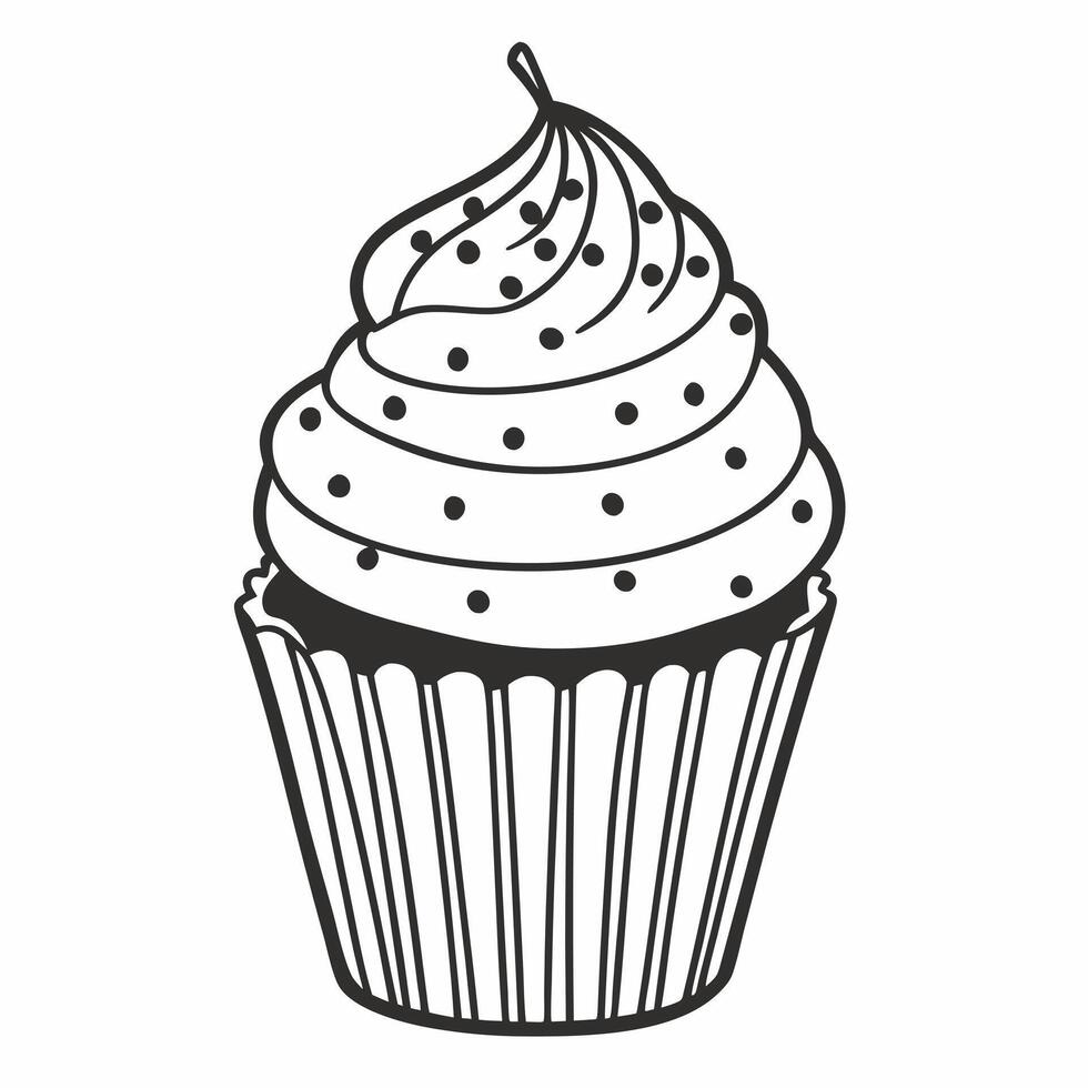 Monochrome Cupcake Illustration with Swirled Frosting and Sprinkles vector
