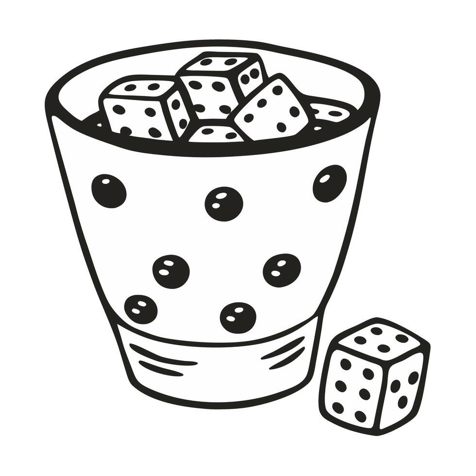 Hand Drawn Dice in Polka Dot Cup Monochrome Illustration for Games and Luck Themes vector